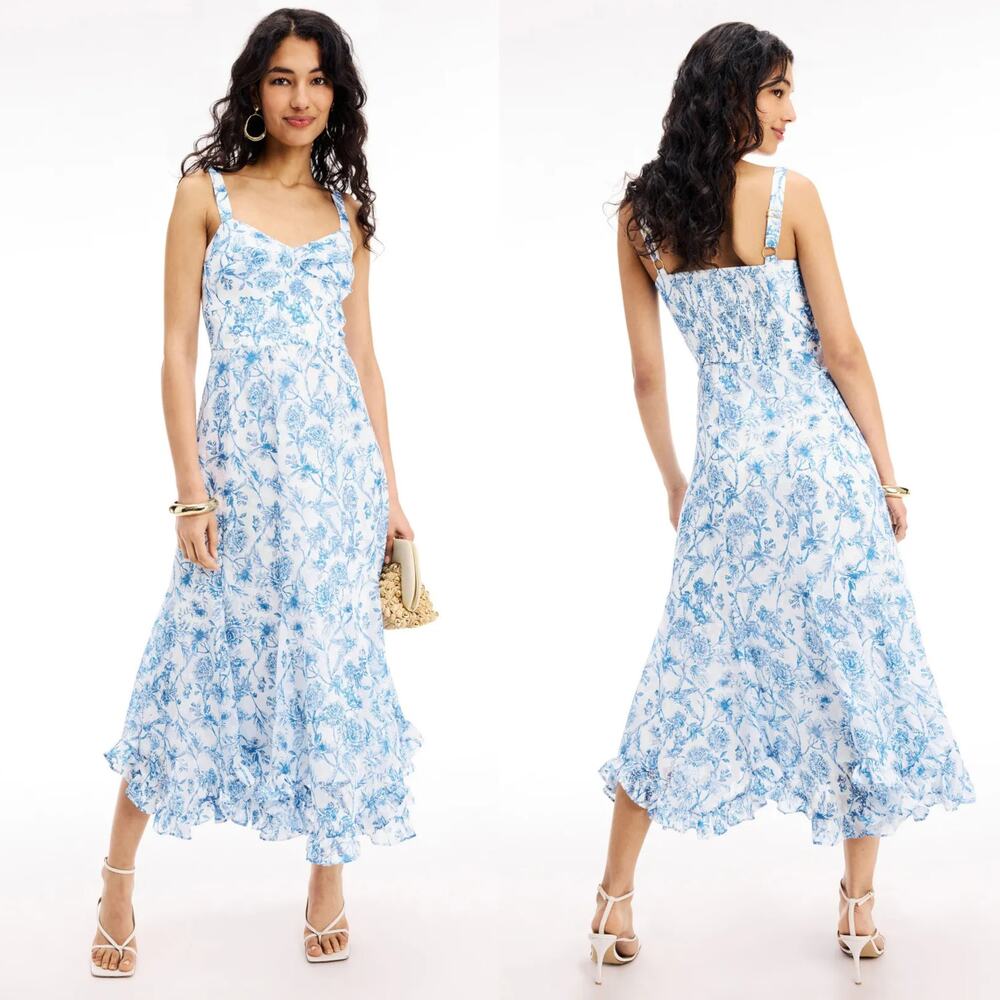 Hutch Sophie Dress Floral Print Sleeveless Ruffle Midi A-Line Blue & White M